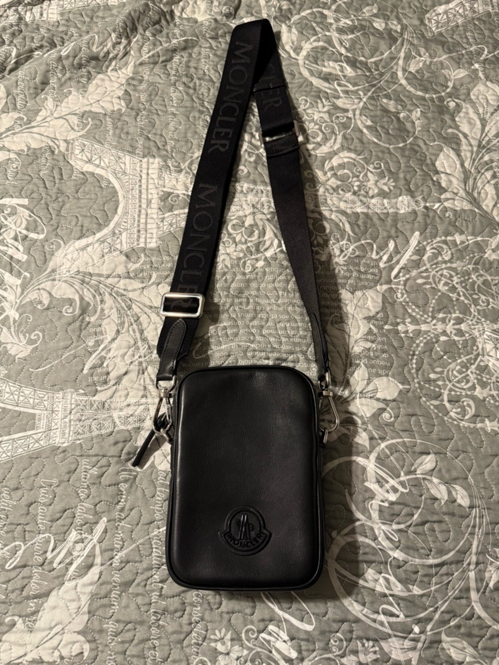 Moncler Black Leather Messenger Crossbody with Branded Strap